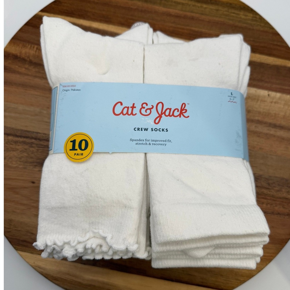 Cat & Jack Girls 10 Pair L 3-7 White Crew Socks Lettuce Edge Ruffle 2640